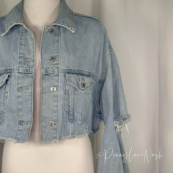 Zara Raw Cut Off Hem Distressed Cropped Denim Jacket - Picture 4 of 9